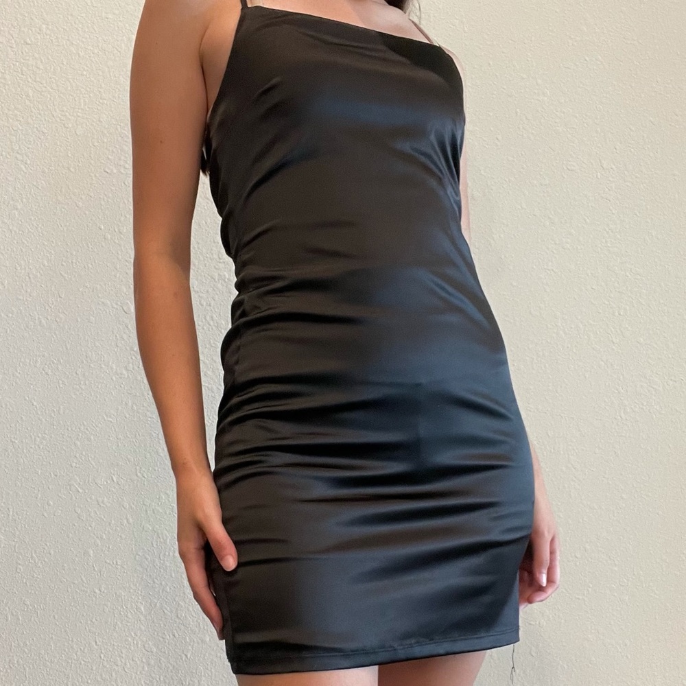 Satin Woman’s Black Mini Tie Up Back Bodycon Dress